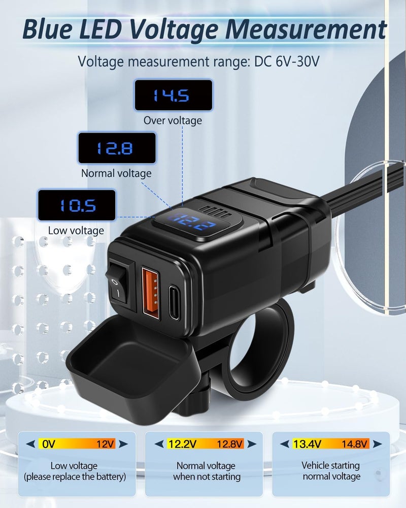 EXTRACTME Motorcycle Phone Charger, 6.4A Dual USB Type C PD & Quick Charge 3.0 Motorcycle USB Charger with Voltmeter & ON/Off Switch, Waterproof Motorcycle Accessories for Phone, Tablet, etc - Blue - Image 4
